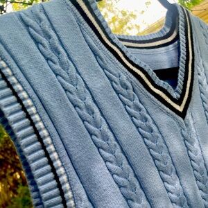 Light Blue Sweater Vest with White and Black Accents | Preppy, Slick, Casual